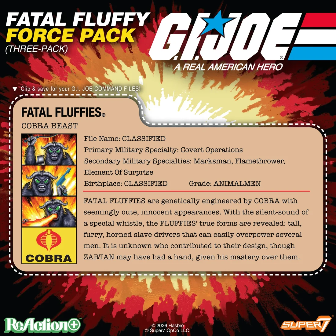 Fatal Fluffy Super7 filecard artwork in the classic Cobra filecard layout