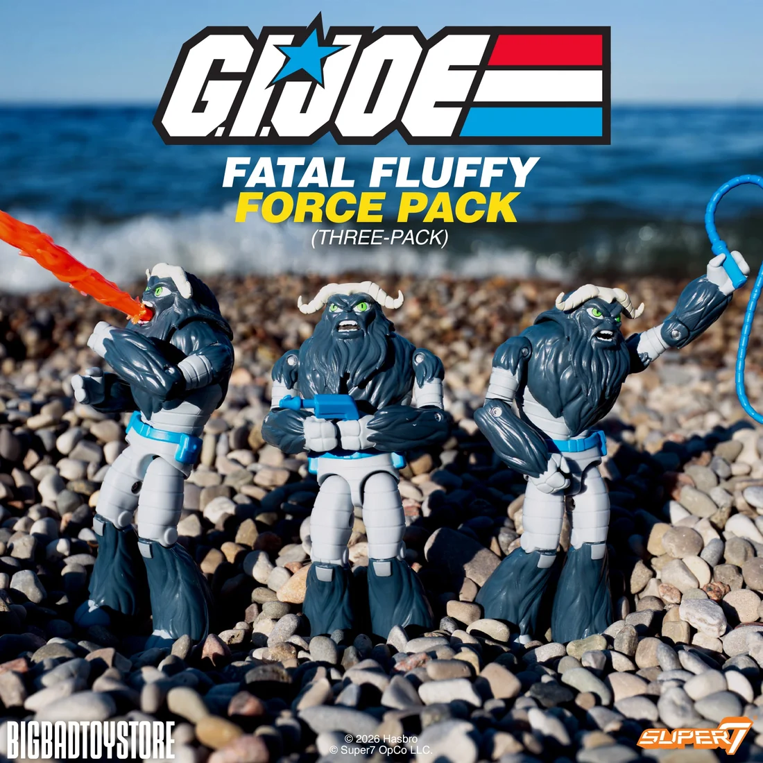 Three Fatal Fluffy ReAction+ figures posed together on rocky terrain