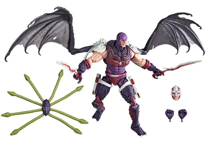 Hasbro product photograph on a white background of the G.I. Joe Classified Series Nemesis Immortal figure with the black articulated wings attached and a curved sword in each hand, beside the green bio-mechanical tentacle back attachment, the alternate unmasked head sculpt and two alternate closed fists