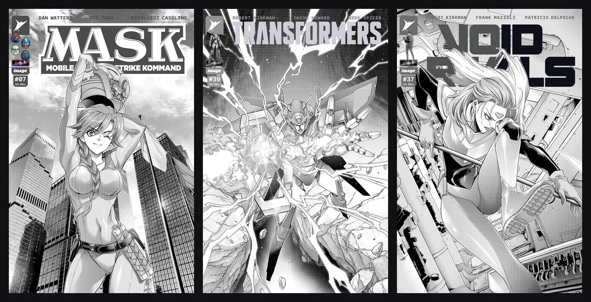 The three other Energon Universe manga variants side by side: M.A.S.K. number 7, Transformers number 39 and Void Rivals number 37, all drawn by Satoshi Shiki in black and white halftone