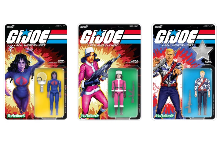Three of the ten single ReAction+ figures in the sale at $25 each: Mara from Wave 06, Daina in her cartoon colours from Wave 07, and the Duke done up for America's 250th from Wave 08.