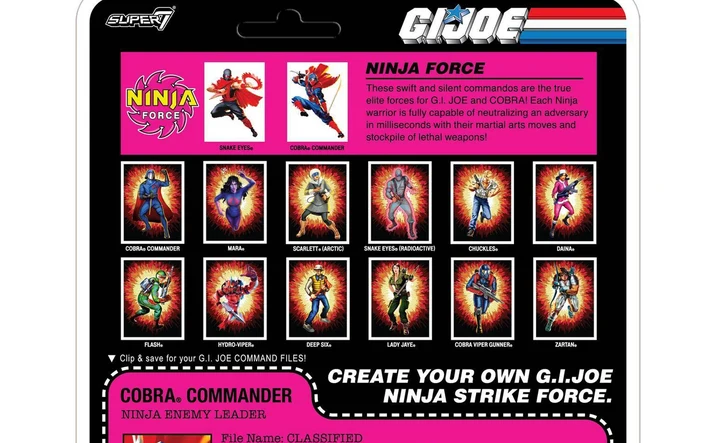 The back of the Super7 Ninja Force Cobra Commander card. The pink Ninja Force panel lists Snake Eyes and Cobra Commander only; the twelve portraits below belong to the wider ReAction+ G.I. Joe assortment.