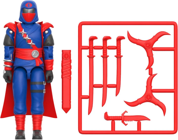 The Super7 Ninja Force Cobra Commander figure out of the package with its accessory sprue: three snake-handle katanas, a spike-handle dagger, two spinning shuriken and a sheath.
