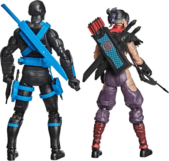 The Ninja Force Snake Eyes and Jinx figures photographed from behind: his blue sword and sheath across his back over blue webbing, and her quiver backpack with red-fletched arrows, the black feather shawl and a crossbow held low