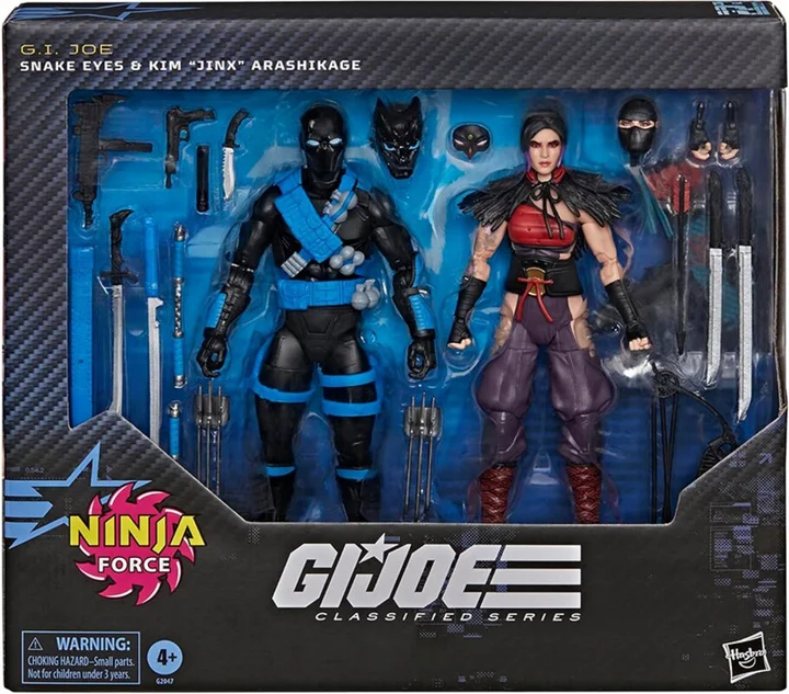 The Ninja Force two-pack in its window box, both figures and the full accessory load visible in the blue tray, with the Ninja Force bladed-star logo at bottom left and the Classified Series logo at bottom right