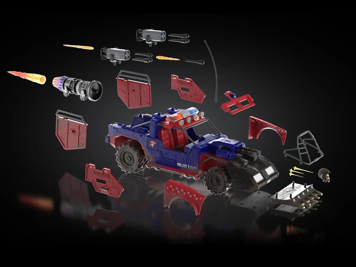 The Dreadnok Thunder Machine broken down into its modular pieces, with the base coupe at the centre and the roll cage, cowcatcher, tire shields, gull-wing doors, jet engine, launchers and missiles laid out around it.