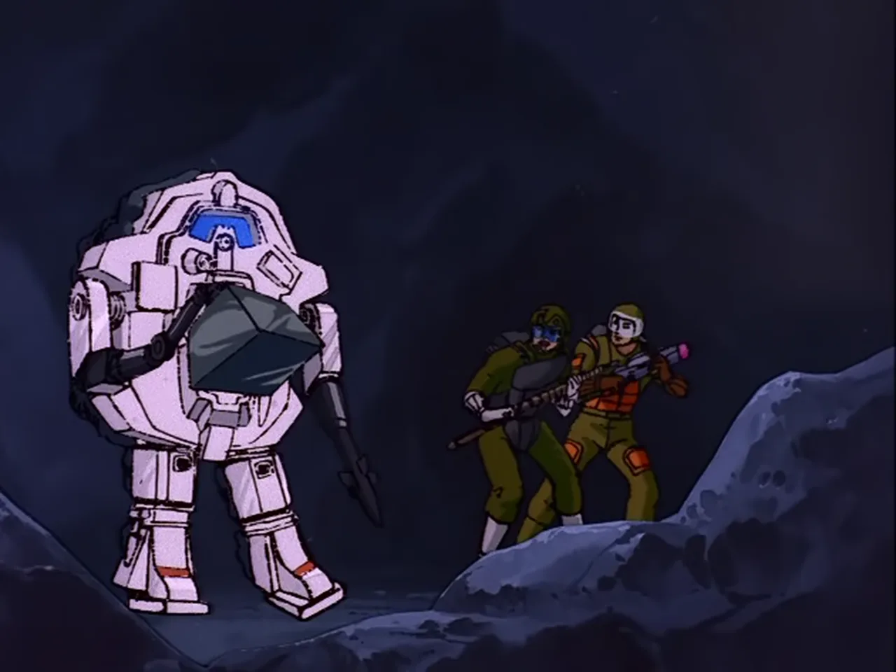 A Cobra armoured walker firing into the rock at the foot of the Cobra fortress