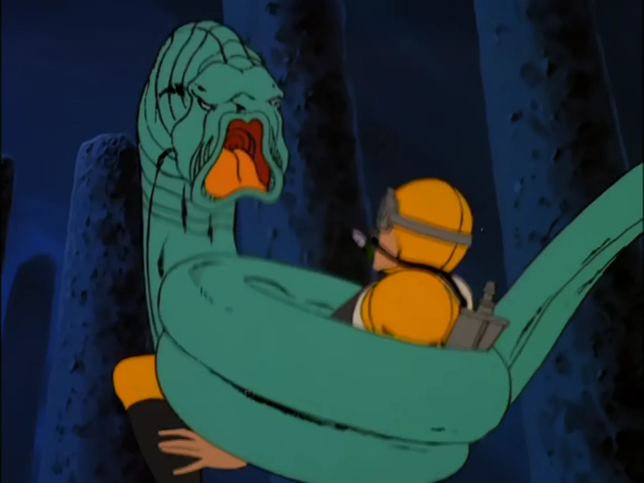Sea serpents coiling around a G.I. Joe diver in the drowned forest of The Worms of Death