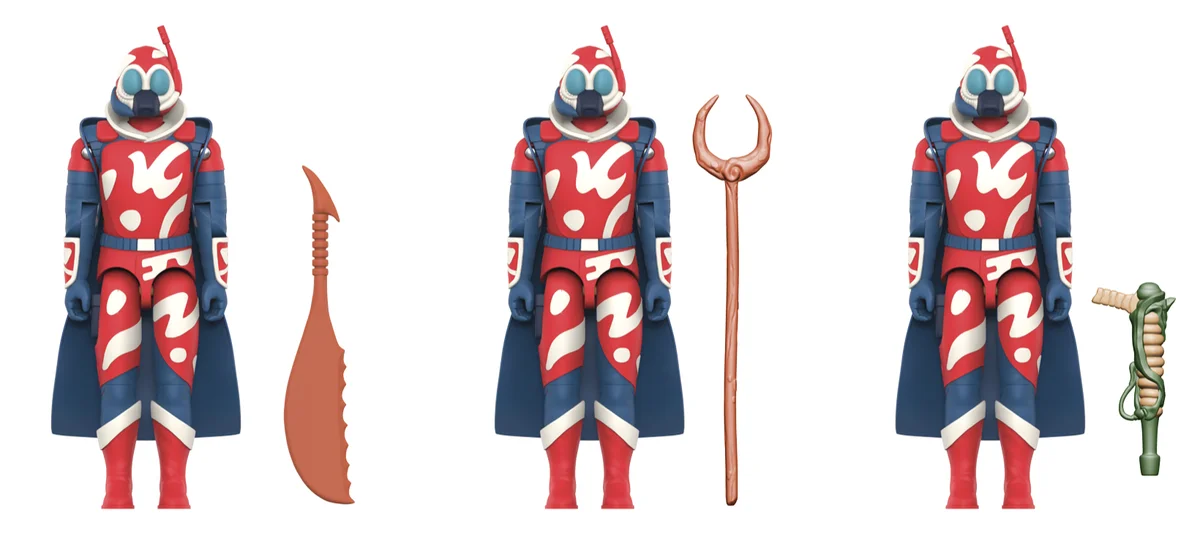 The three Cobra-La Royal Guards shown with their accessories, one with the curved serrated sword, one with the two-pronged spear and one with the green organic blaster.