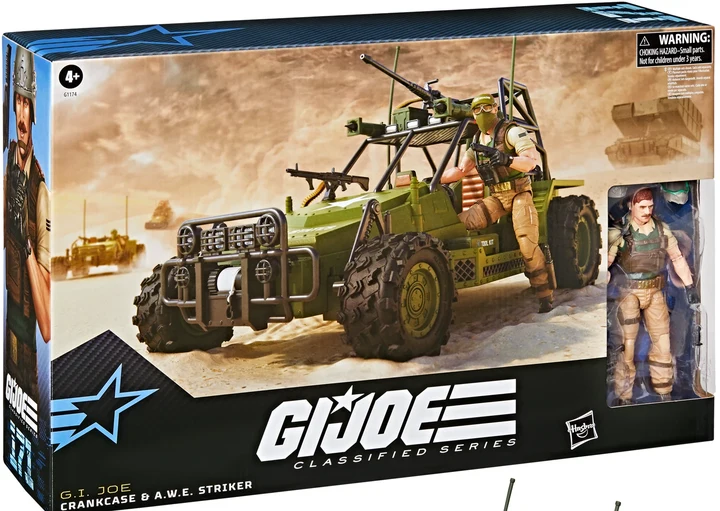 The retail box for G.I. Joe Classified Series #171 Crankcase and A.W.E. Striker: a dark blue carton with desert key art of the Striker and Crankcase, the G.I. Joe Classified Series logo across the lower half, a 4+ age mark and a choking hazard warning panel at the top right, and a window at the right showing the Crankcase figure in tray.