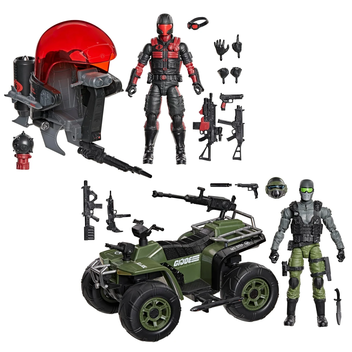 The full parts layout for G.I. Joe Classified Series #218 on white. Top row: the Cobra Stealth Flight Pod, a one seat aircraft under a transparent red canopy with a twin cannon, a missile and a black thruster can on one flank and a curved skid underneath; a separate long machine gun; a black spherical aerial mine on a red collar; the Stealth Viper figure in black and red with a red faceplate, beside removable goggles, four alternate hands, an assault rifle, a pistol and an SMG. Bottom row: the olive green Varmint ATV with a G.I. JOE decal, a roll bar and a pintle mounted gun; two rifles, a silencer, a pistol; a spare green helmeted head with blue goggles; and the Snake Eyes figure in grey and green fatigues wearing a grey helmet, green goggles and a grey faceplate, with a knife beside him.