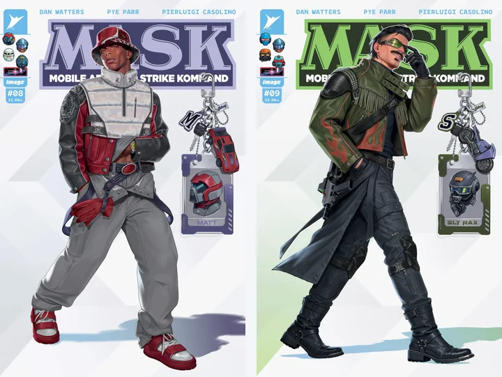 The 1:25 incentive covers for M.A.S.K. issues 8 and 9, Matt Trakker and Sly Rax in streetwear, each holding a keychain carrying a mask badge and a vehicle charm