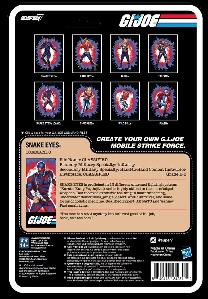 The back of the Snake Eyes (Camo) card, showing eight figures in two rows: Snake Eyes, Lady Jaye, Duke and Falcon along the top, and Snake Eyes (Camo), Chuckles, Wild Bill and Flash underneath, above the Snake Eyes file card