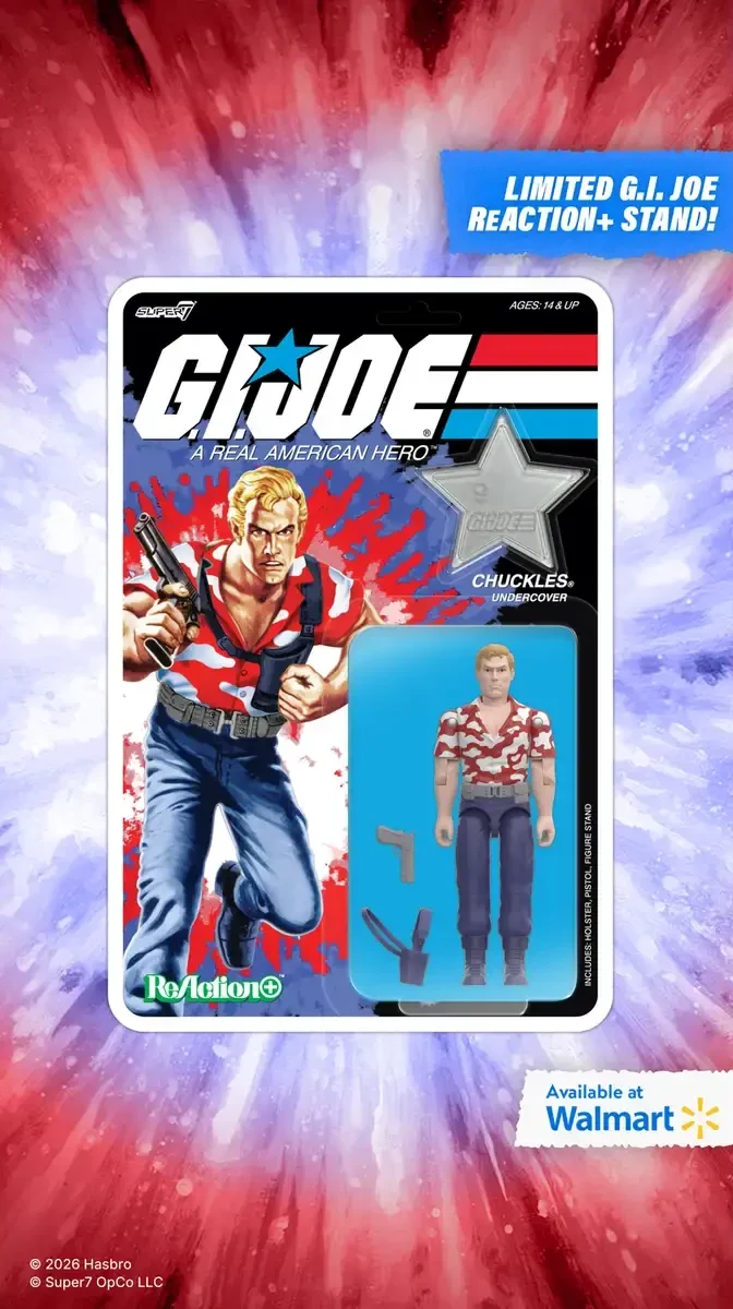 Super7 promotional frame for the carded Chuckles ReAction+ figure: card art of Chuckles in a red and white camouflage Hawaiian shirt and blue jeans, with the figure, a holster, a pistol and a clear star stand in the blister