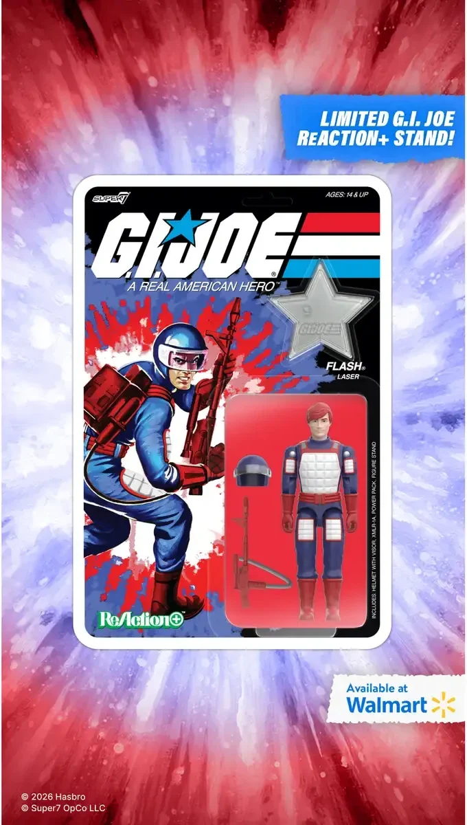 Super7 promotional frame for the carded Flash ReAction+ figure: card art of Flash in a blue suit with a red laser rifle and backpack, with the figure in white quilted chest armour, a dark blue dome helmet, the XMLR-1A laser rifle, a power pack and a clear star stand in the blister