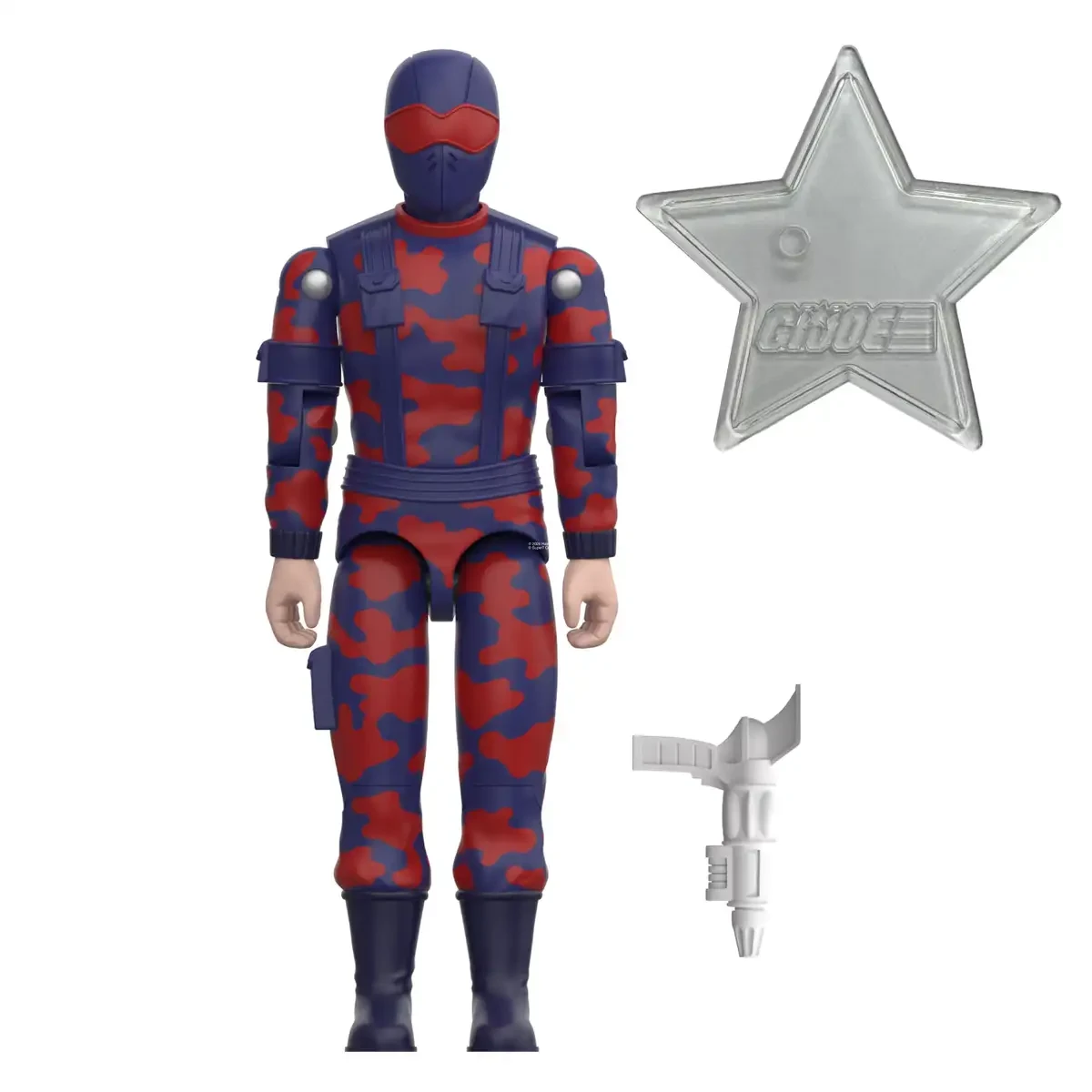 The unpackaged 250th Snake Eyes (Camo) ReAction+ figure on white, covered in red and blue camouflage with a red band across the visor, silver shoulder rivets and a thigh pouch, beside a clear moulded G.I. Joe star stand and a pale grey pistol