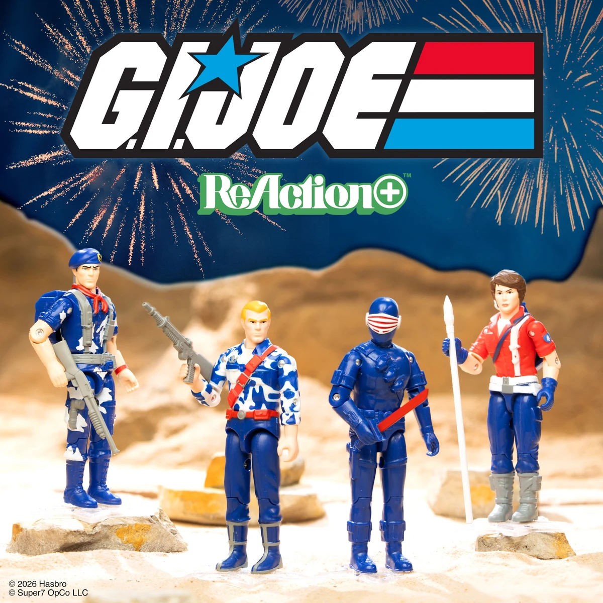 Super7 group photograph of the four ReAction+ Wave 08 figures sold separately: Duke, Lt. Falcon, Snake Eyes and Lady Jaye posed on sand under a fireworks backdrop
