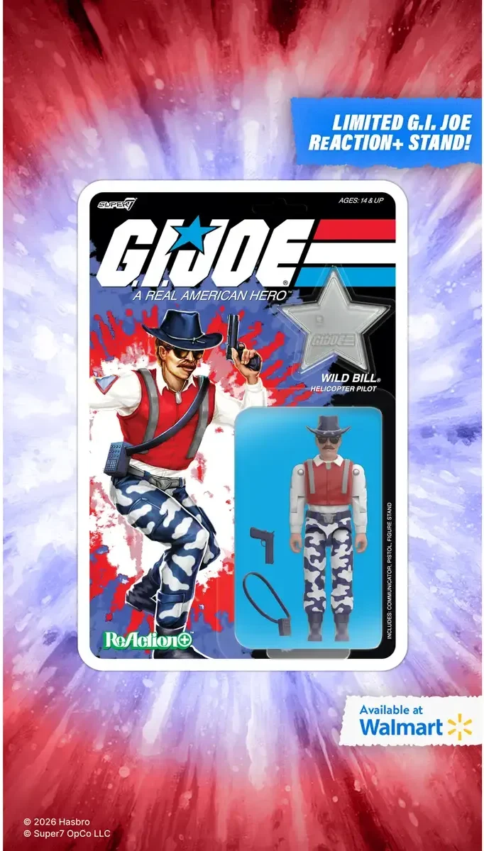 Super7 promotional frame for the carded Wild Bill ReAction+ figure: card art of Wild Bill in a white shirt, red vest and blue and white camouflage trousers under a navy cowboy hat, with the figure, a navy pistol, a navy communicator and a clear star stand in the blister