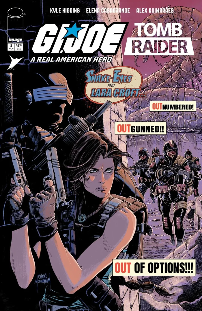 Chris Mooneyham's variant cover for issue two, with Snake-Eyes and Lara Croft drawing weapons in a stone corridor while four Cobra troopers advance behind them, under caption boxes reading Outnumbered, Outgunned, Out of options