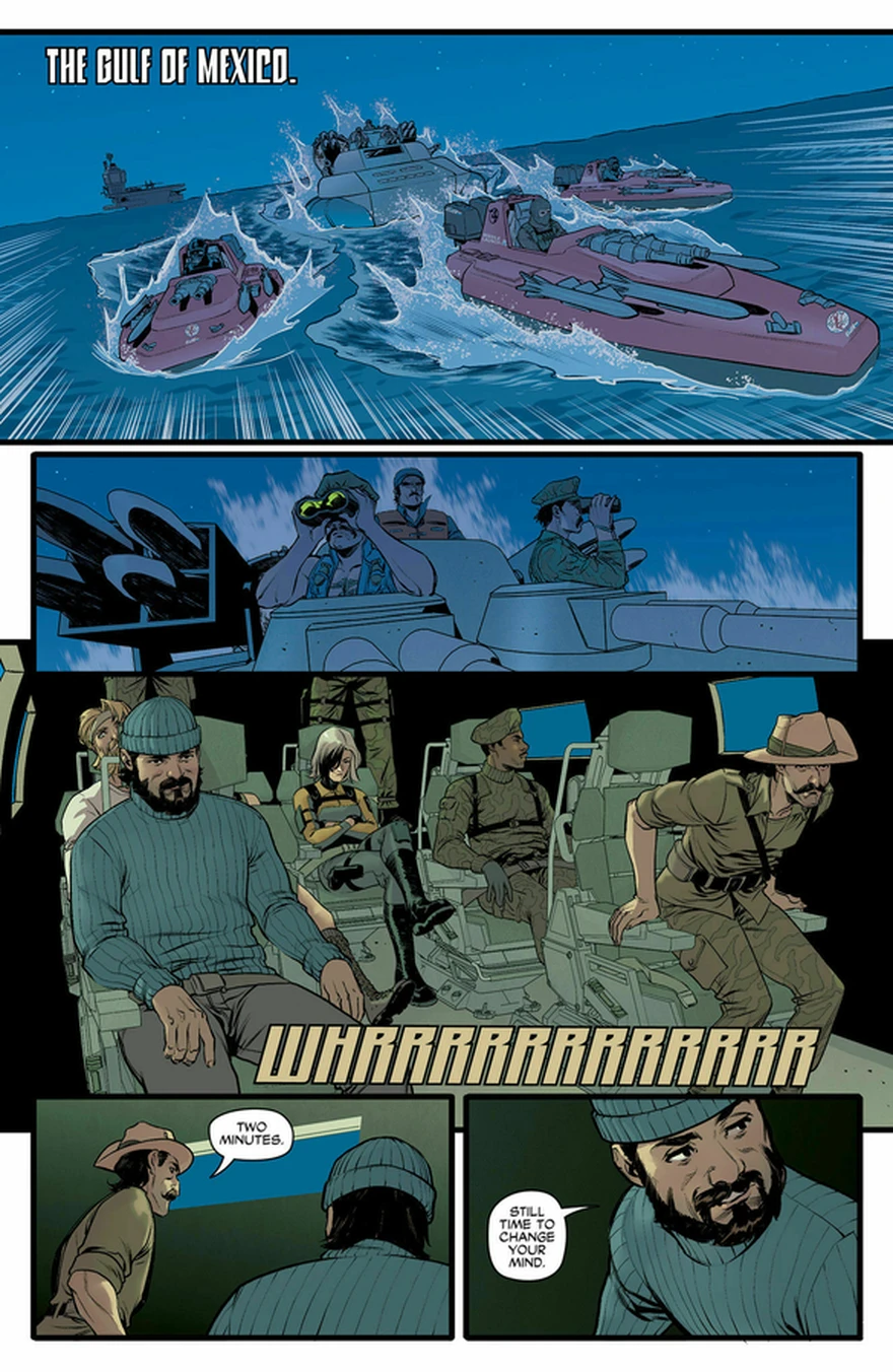 Page one of the issue: a caption reading The Gulf of Mexico over Cobra hovercraft running at speed, a gun position watching through binoculars, and the expedition strapped into a transport interior
