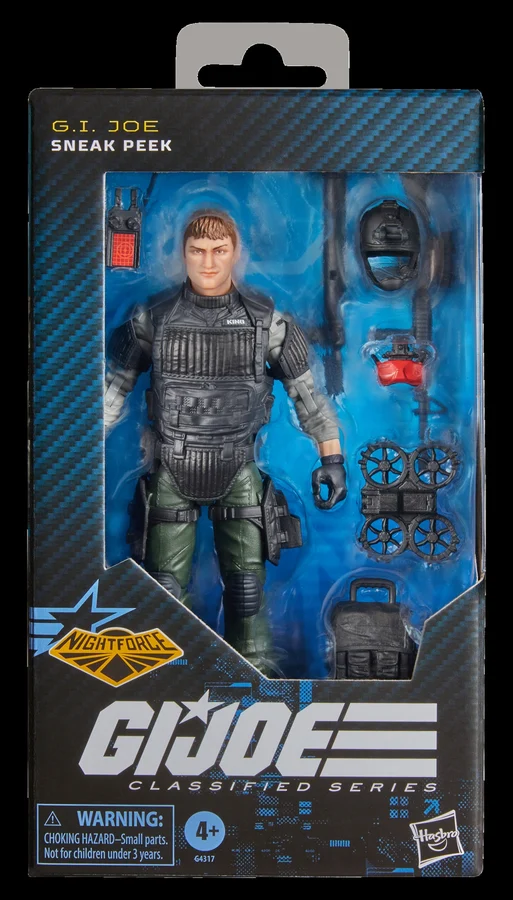 The Classified Series 237 Night Force Sneak Peek window box, reading G.I. JOE SNEAK PEEK at the top with the Night Force insignia on a blue star badge at the lower left and the G.I. Joe Classified Series logo beneath the window