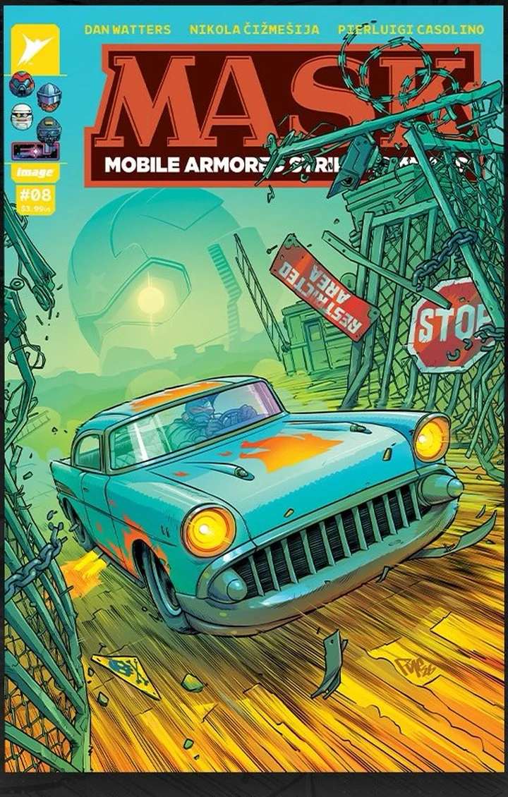 Cover A of M.A.S.K. number 8, drawn by Pye Parr. A battered turquoise 1950s saloon car bursts through a chain-link fence towards the reader on a wooden pier, headlights blazing, with a toppled STOP sign and a RESTRICTED AREA sign tangled in the wire and a huge green helmet looming in the mist behind. The M.A.S.K. logo sits across the top and the Image corner box reads hash 08, 3.99 US.
