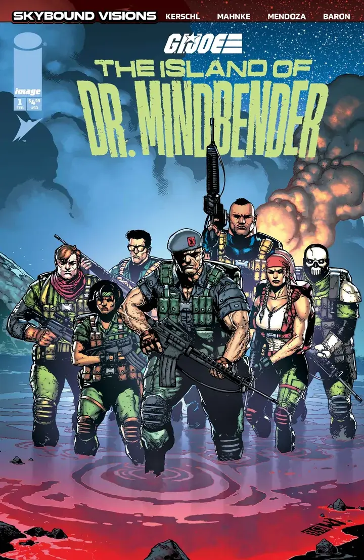 Cover A of G.I. Joe: The Island of Dr. Mindbender number 1, pencilled by Doug Mahnke. Seven armed figures wade through shallow red-stained water towards the reader, led by a man in a grey beret carrying a rifle, with a column of orange smoke rising behind them and the title in green above. A Skybound Visions banner across the top names Kerschl, Mahnke, Mendoza and Baron.