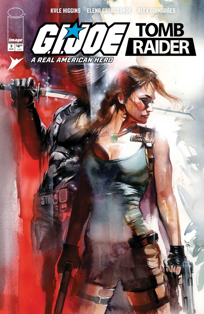 Ito's 1:50 incentive cover for G.I. Joe: A Real American Hero/Tomb Raider #2: a watercolour of Lara Croft with twin pistols in front of Snake-Eyes drawing his sword, against a split red and white ground