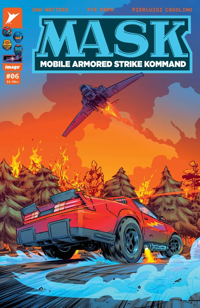 M.A.S.K. #6 cover A by Pye Parr: a red sports car sliding across an ice-covered road with burning pines behind it and a jet diving overhead, under the M.A.S.K. logo and a corner box reading number six