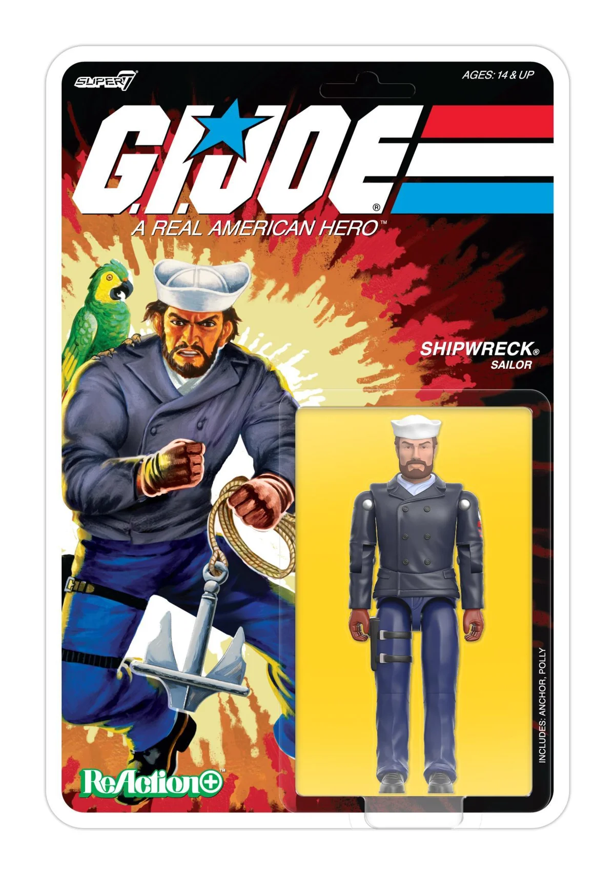 The carded G.I. Joe ReAction+ Shipwreck (Peacoat) figure: vintage-style card art of Shipwreck in denim with Polly on his shoulder and an anchor on a rope, with the figure in a navy double-breasted peacoat in the blister and a side bar reading INCLUDES: ANCHOR, POLLY