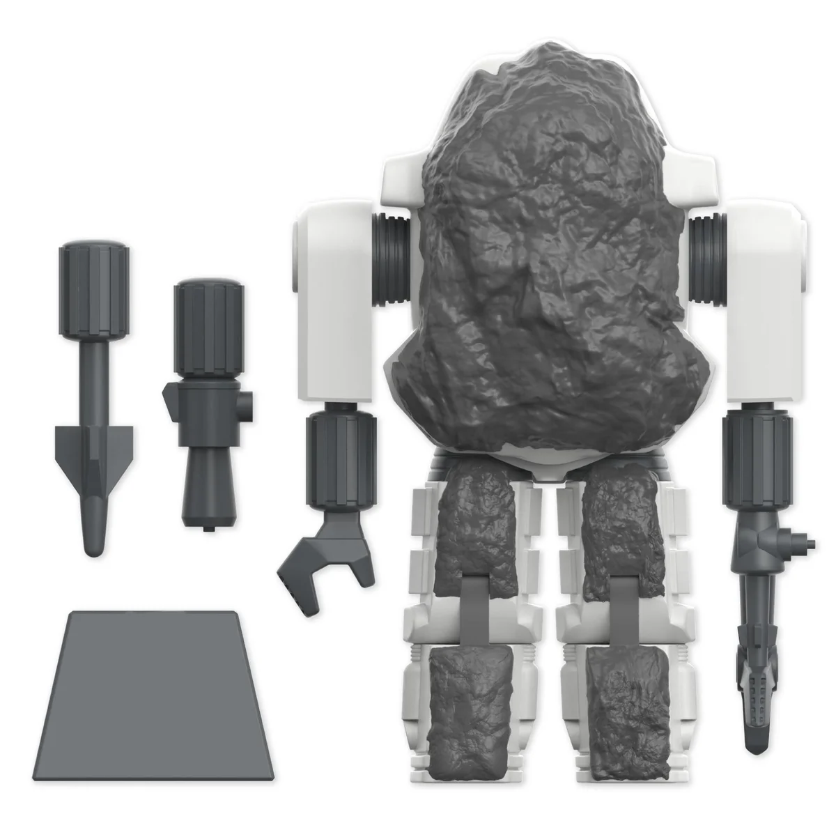 The rear of the S.N.A.K.E. Armor figure on white, with rock-textured panels covering the back, thighs and shins of the white armour, beside four loose grey accessories and a flat trapezoid stand