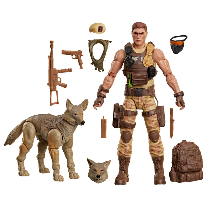 The contents of G.I. Joe Classified Series 217 laid out on white: Dusty in desert camouflage trousers and a brown tactical vest with a coiled rope, beside Coyote Sandstorm, a spare coyote head, a tan beret, an olive scarf, a black face mask with an orange visor, a machine gun, a pistol, a knife, a short tan cylinder and a brown backpack
