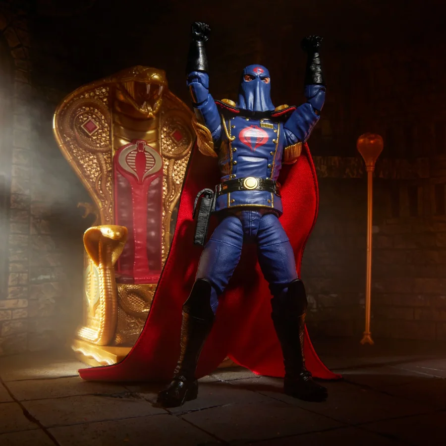 Classified Series #221 Cobra Commander posed with the softgoods cape in front of the cobra throne, gold shoulder cords visible