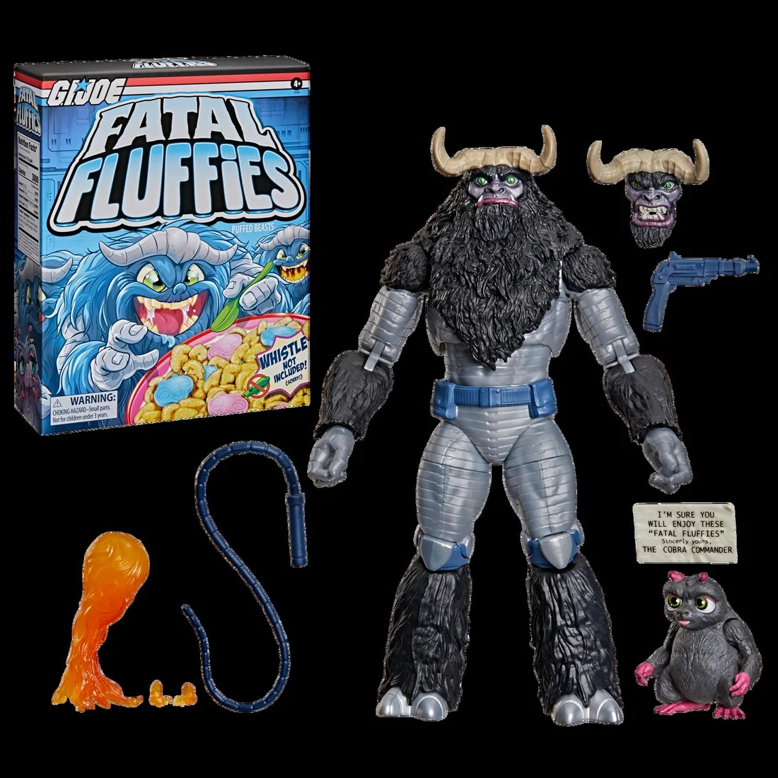 Classified Series #204 Fatal Fluffies with its cereal-box packaging, swappable heads, whip, fire effect and Cobra Commander note card, official Hasbro product shot