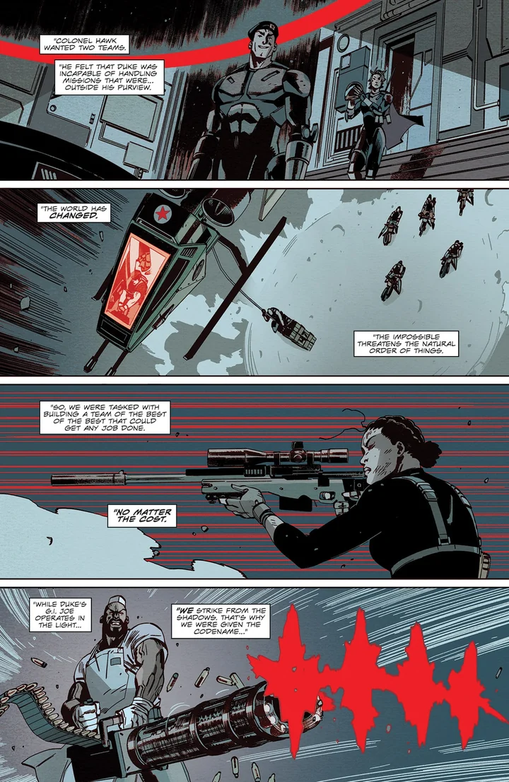The opening page of G.I. Joe #25, a night infiltration in four panels, narrated in caption boxes