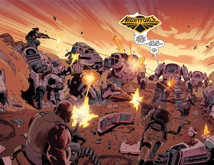 A double-page battle spread carrying the Night Force title logo, a squad fighting walker mechs across a red desert