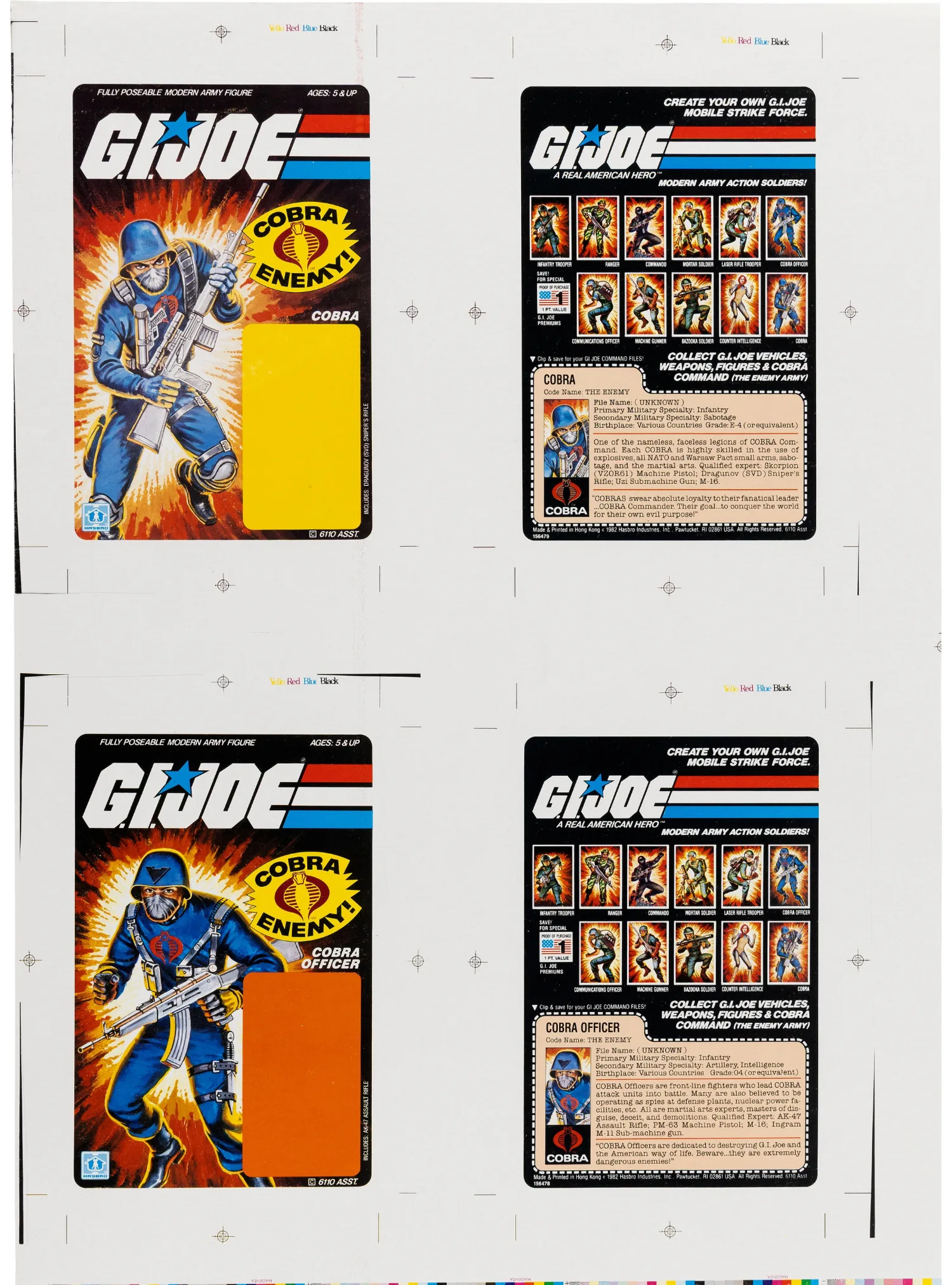 Lot 98087: Cobra Officer and Cobra Trooper cardback proof sheet (1982). Photo: Heritage Auctions