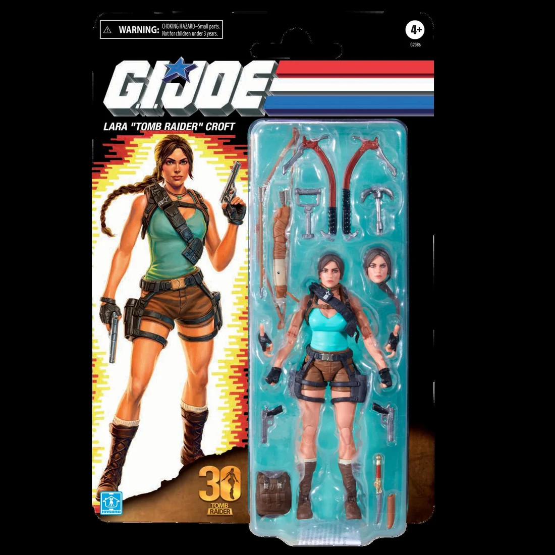 G.I. Joe Classified Series Collaborative Lara Croft figure with her full 16-piece accessory set, official Hasbro product shot