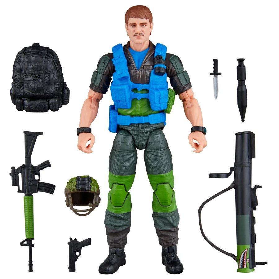 Footloose Classified Series figure with backpack, helmet, knife, pistol, assault rifle and bazooka laid out around him
