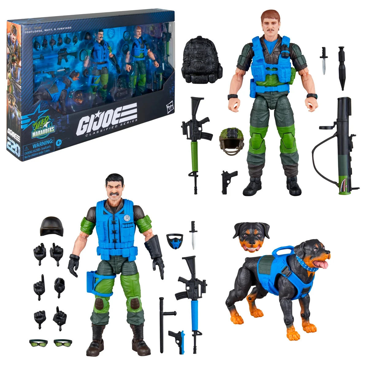 Full Mad Marauders loadout: packaged box, Footloose and Mutt figures, Junkyard with alternate head, and all 23 accessory pieces