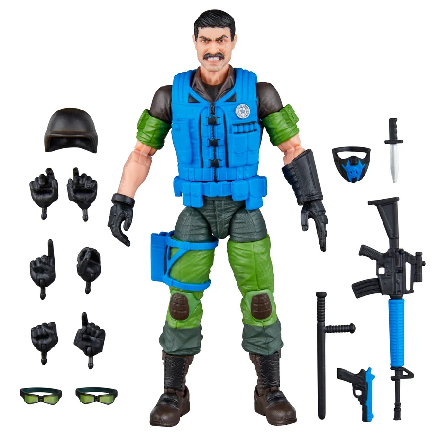 Mutt Classified Series figure with helmet, mask, two pairs of goggles, six alternate hands, nightstick, knife, rifle and pistol