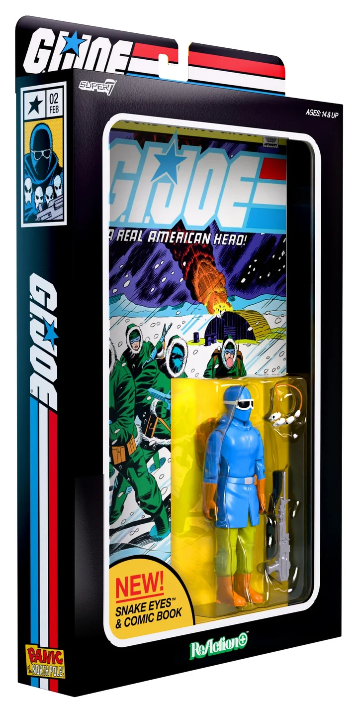 The box set photographed at an angle, showing the depth of the window box and the comic sitting behind the figure tray