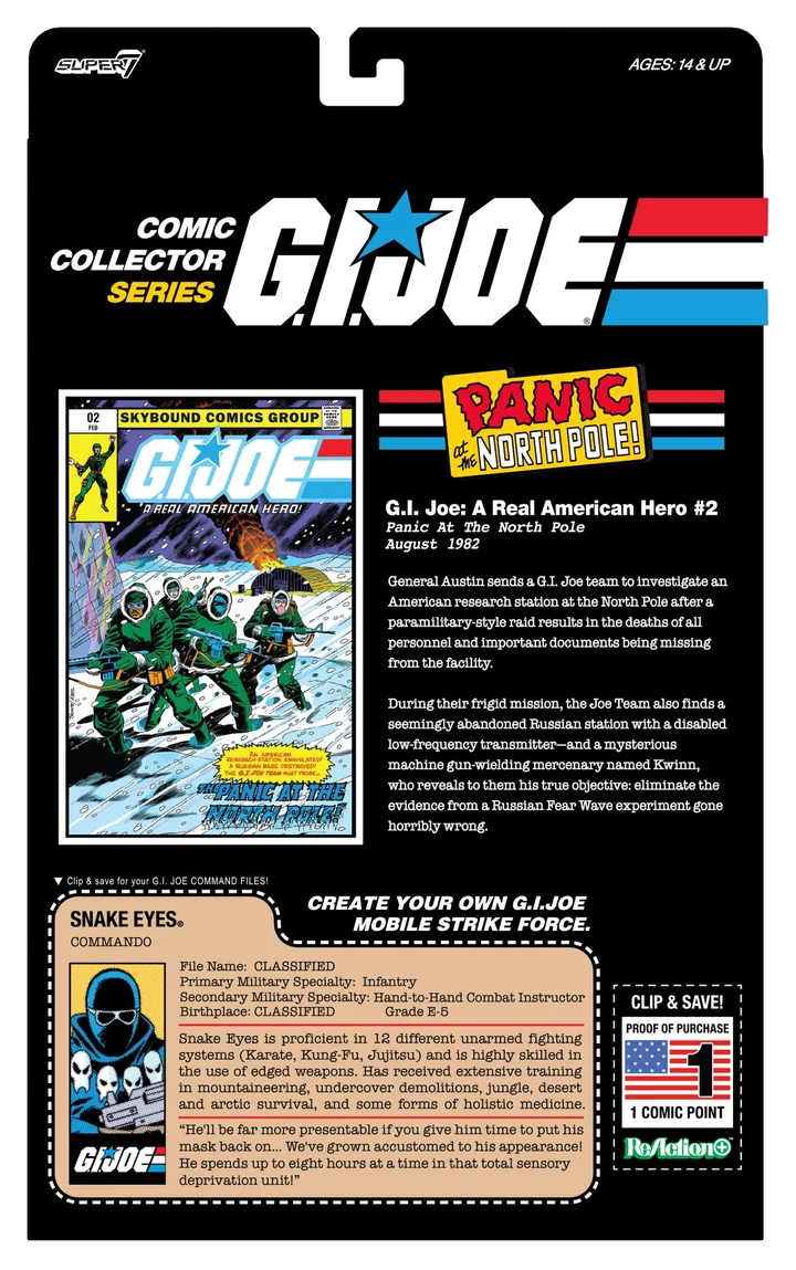 The back of the Comic Collector Series card, showing the reprinted cover of A Real American Hero issue 2, a story summary, and a vintage style Snake Eyes file card